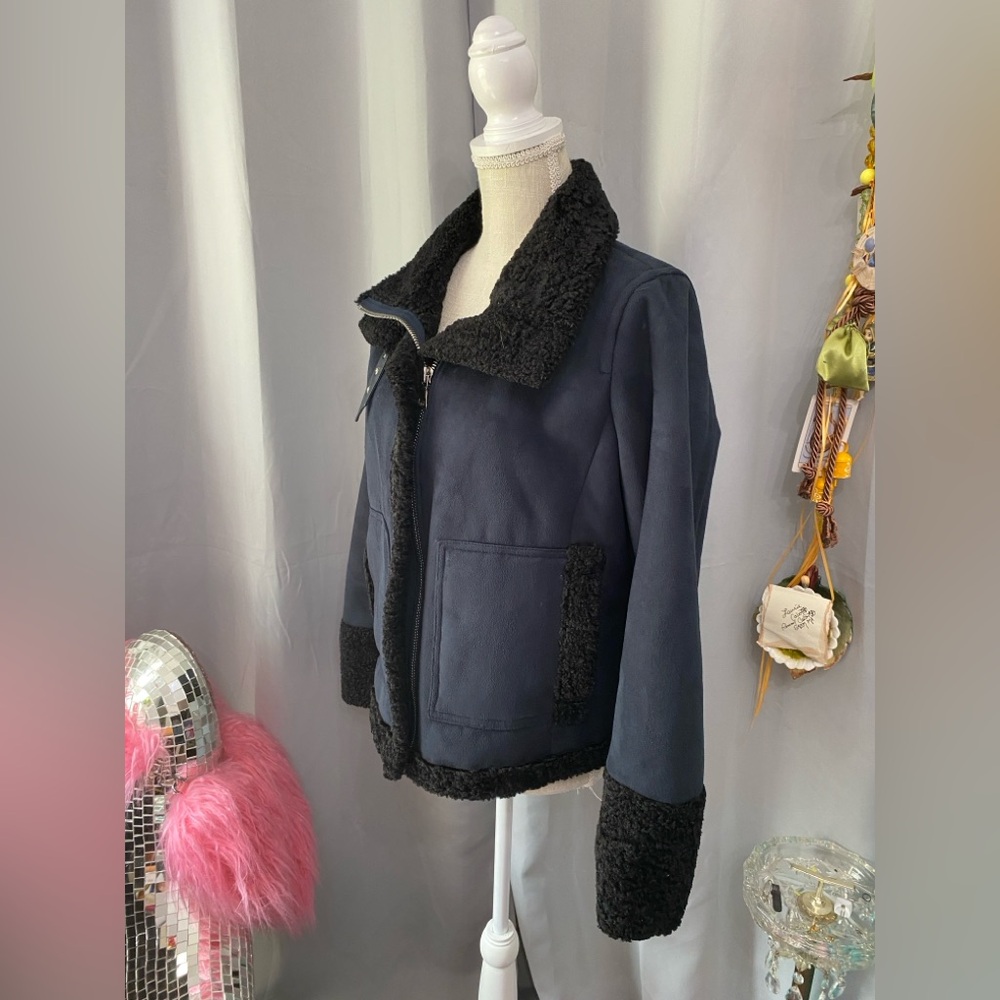 NWOT ANN TAYLOR NAVY BLUE FAUX SUEDE BLACK SHERPA JACKET COAT SIZE 8 - Picture 6 of 10